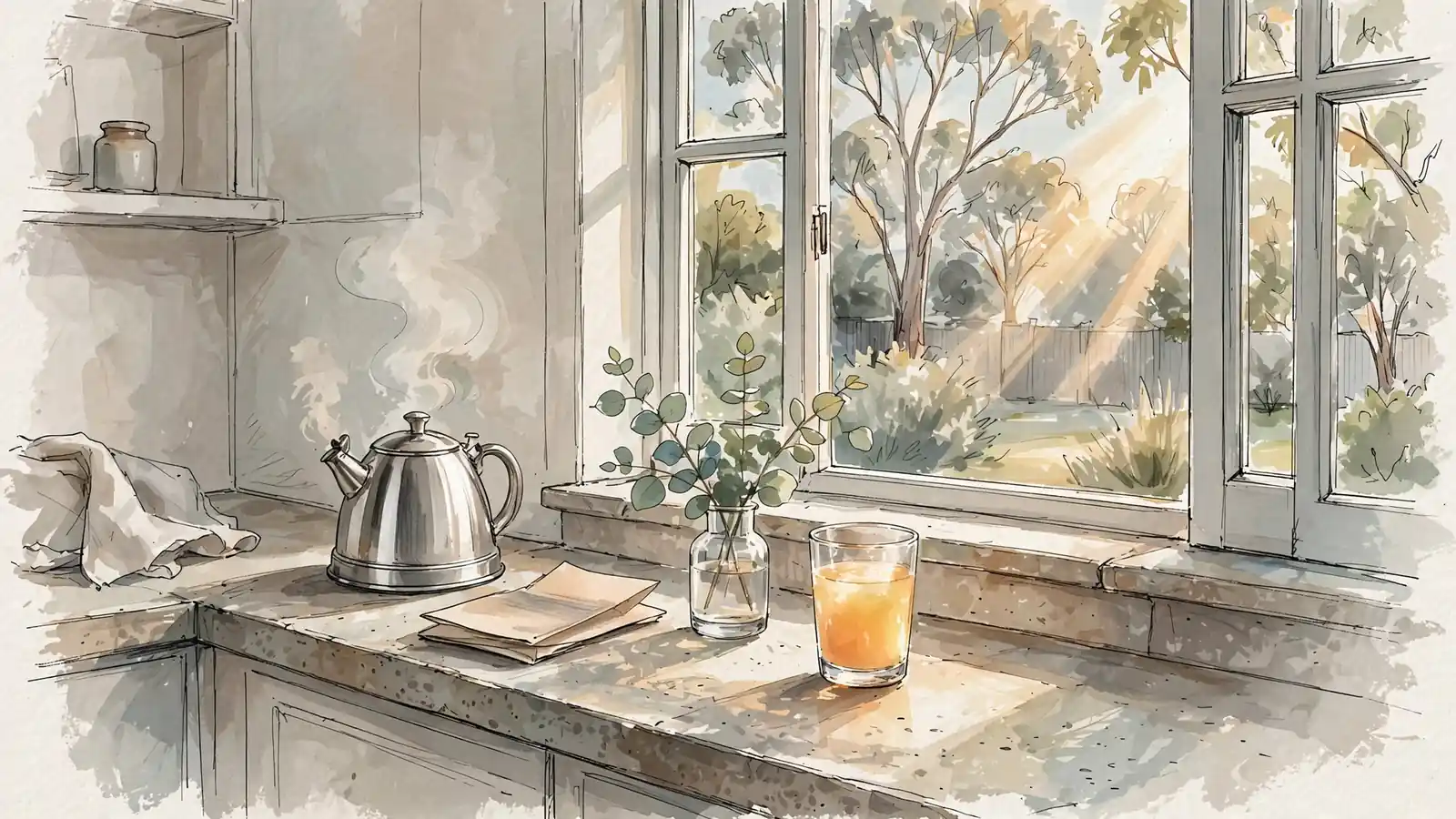 Sunlit Australian kitchen bench with kettle, folded pamphlet, and eucalyptus sprig.