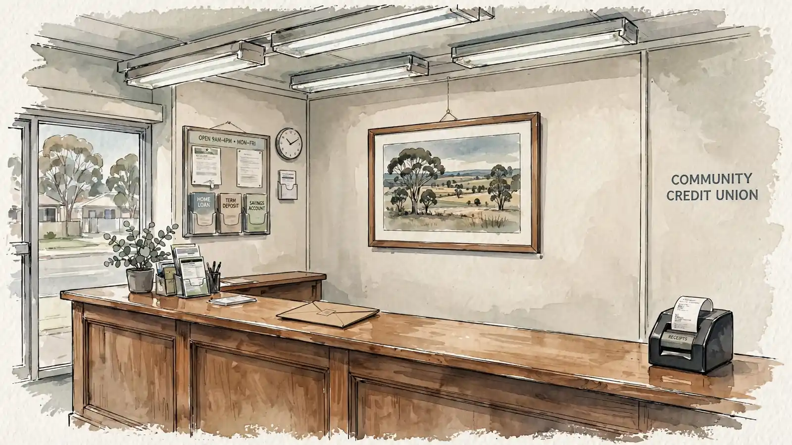 Empty interior of a small Australian credit union branch with a transaction counter.